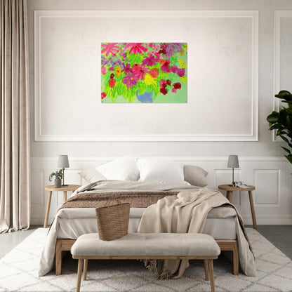 Blue Vase, Many Flowers - Naïve Art Primitivism, Pop Art - Walasse Ting Acrylic Print - 70x100 cm / 28x40″ inches