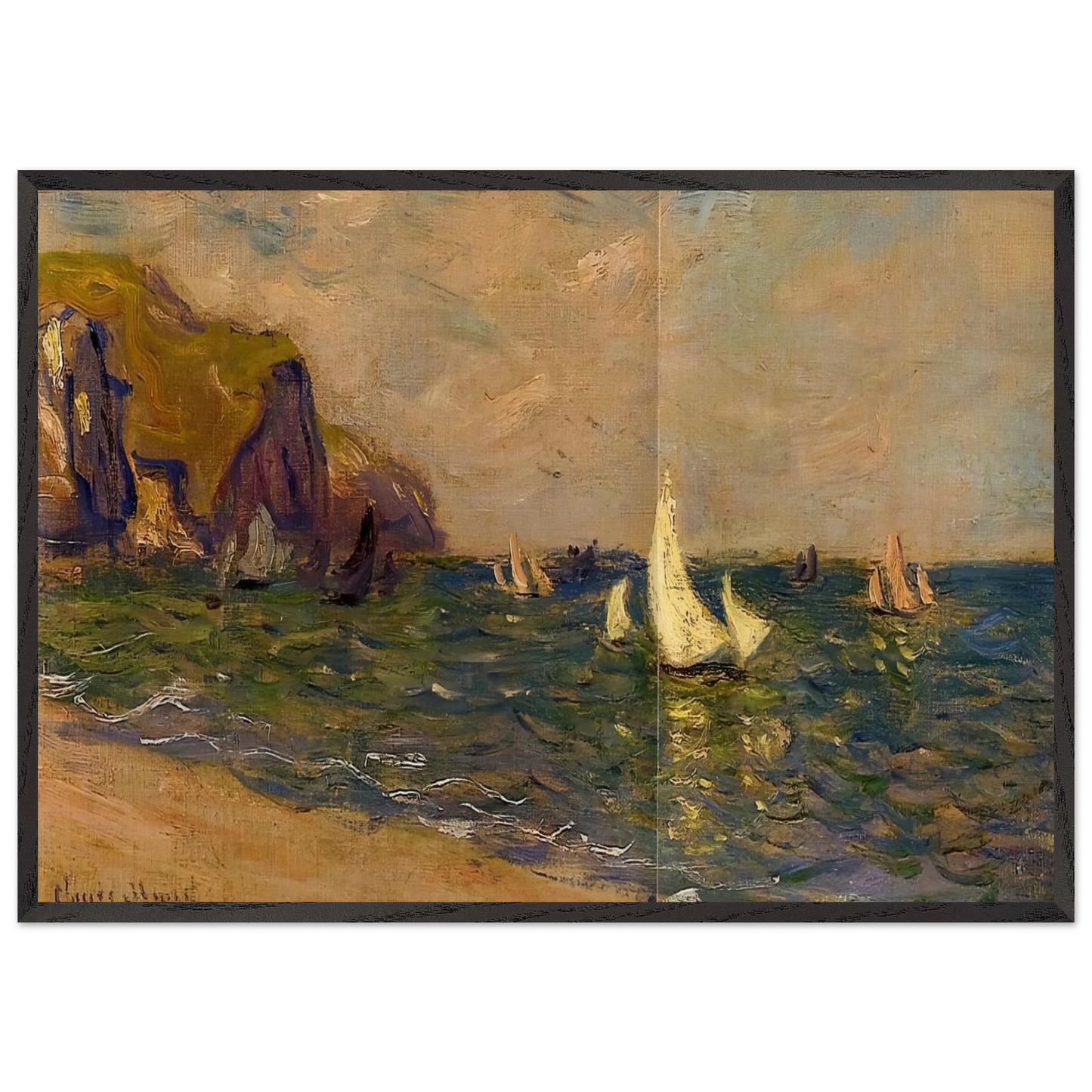 Sailboats at Sea Pourville - claude monet 70x100 cm / 28x40 inches Framed Art Print – Black Wooden Frame