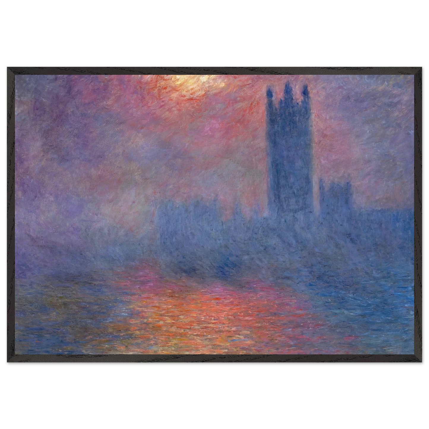 Houses of Parliament London Sun Breaking Through - claude monet 70x100 cm / 28x40 inches Framed Art Print – Black Wooden Frame
