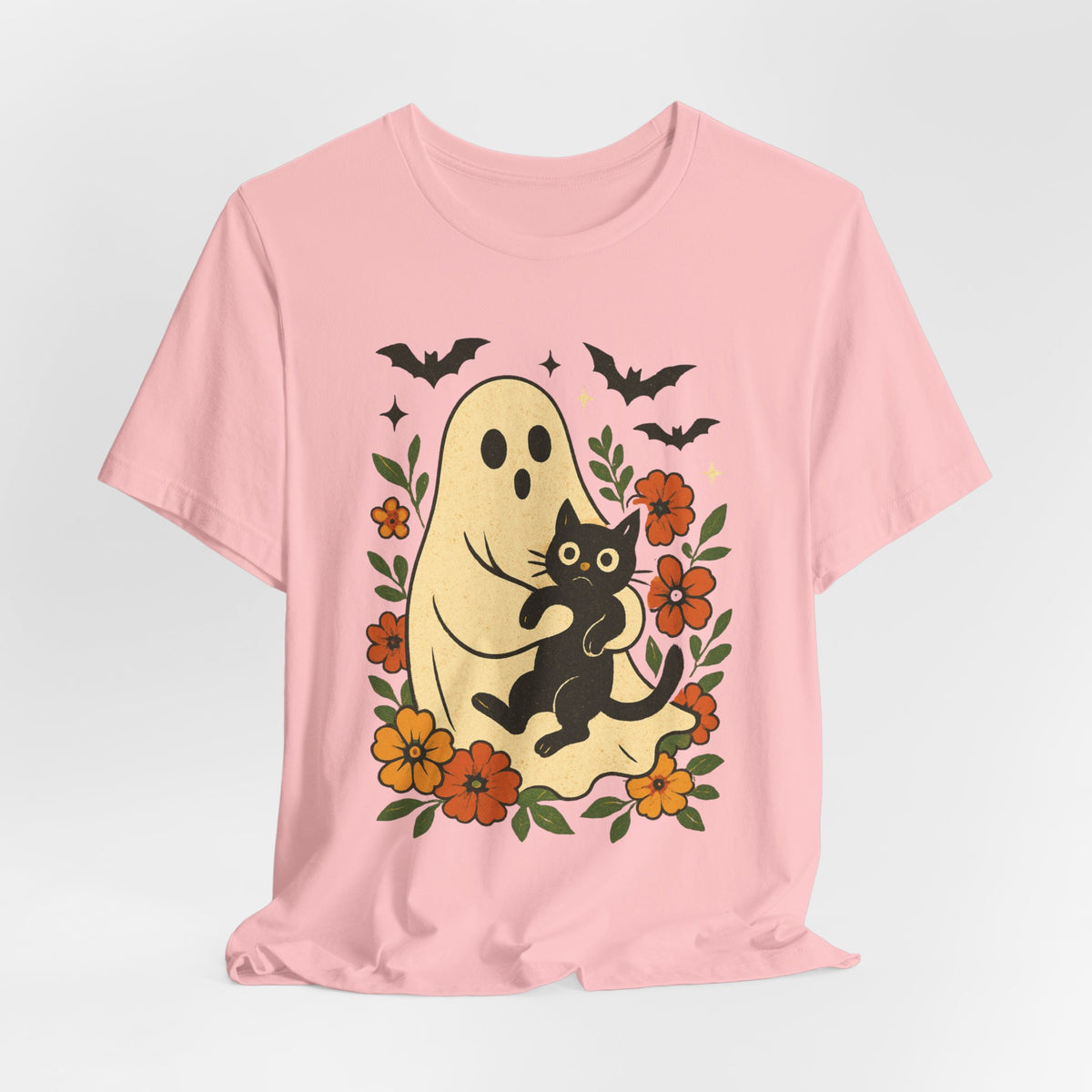 Gruseliger Geist mit schwarzer Katze, tolles Blumenmuster für Halloween