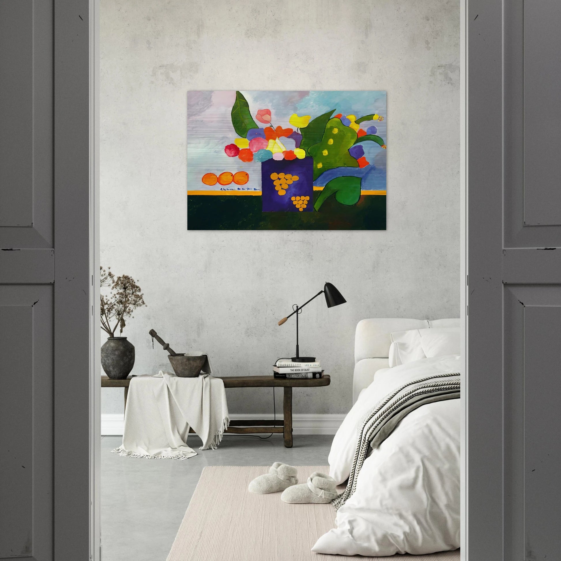 Vase With Flowers and Fruit - 2001 - Aldemir Martins Brushed Aluminum Print - 70x100 cm / 28x40 inches | Aldemir Martins Aluminum Print | Aldemir Martins Prints