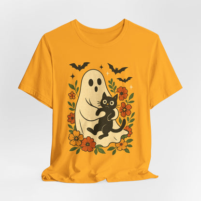 Gruseliger Geist mit schwarzer Katze, tolles Blumenmuster für Halloween