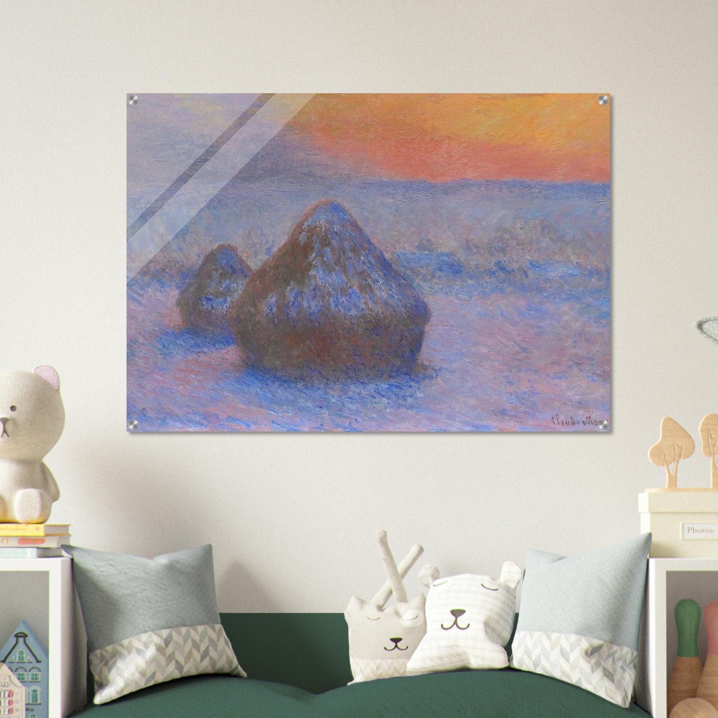 Stacks of Wheat Sunset, Snow Effect - claude monet Acrylic Print - 70x100 cm / 28x40″ inches