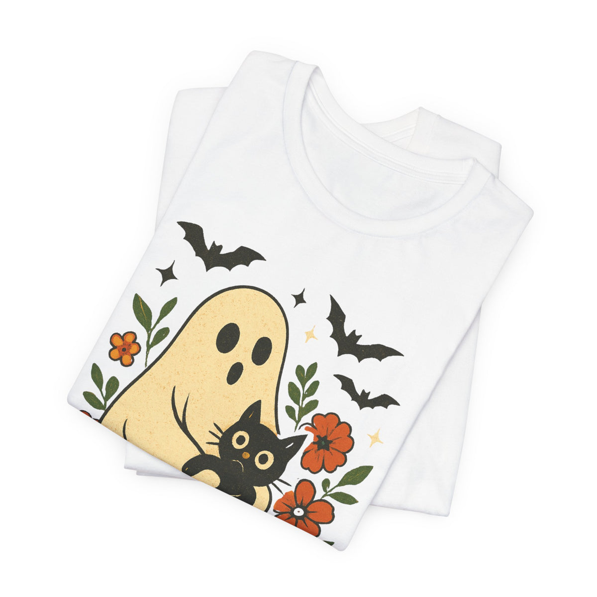 Gruseliger Geist mit schwarzer Katze, tolles Blumenmuster für Halloween