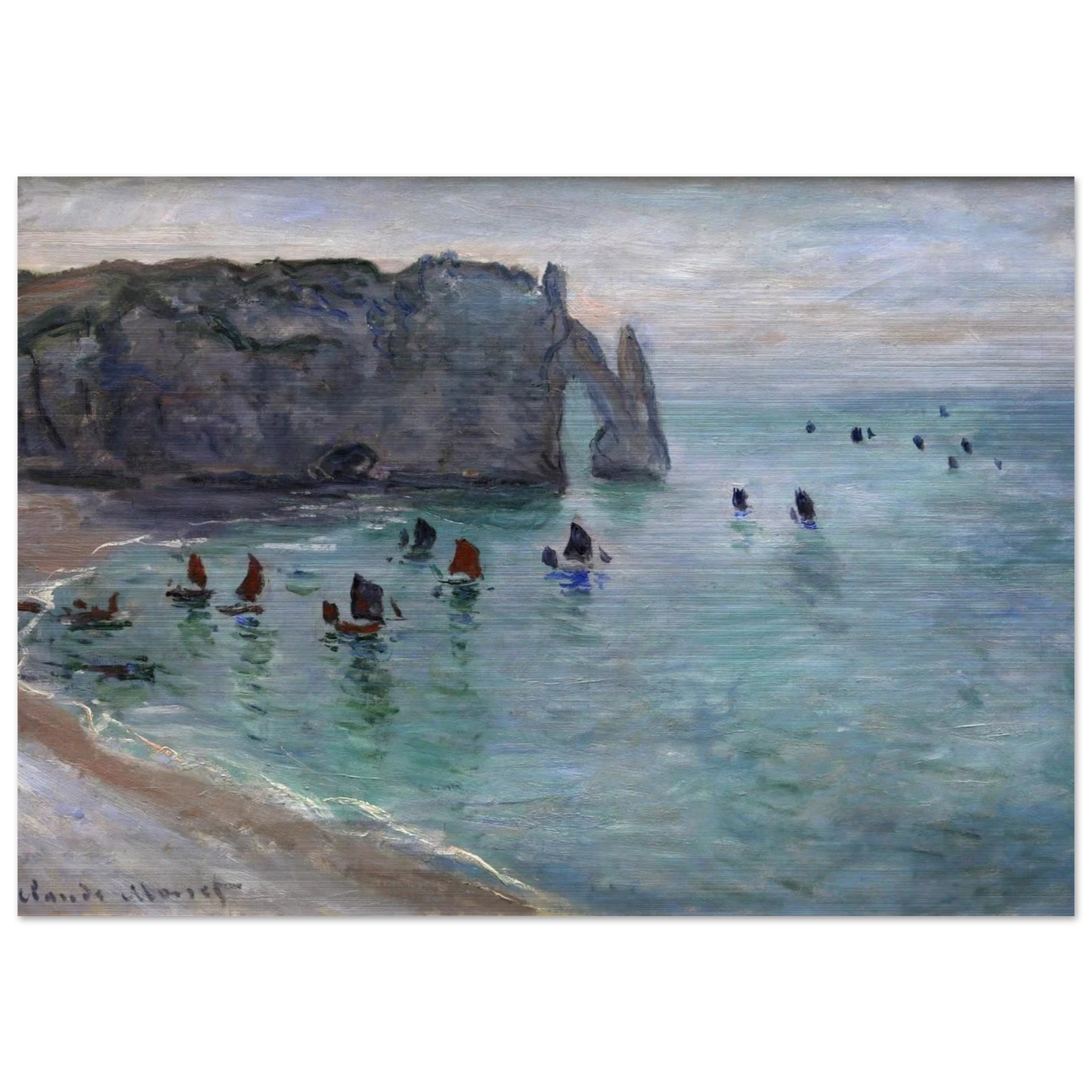 Etretat the Aval Door Fishing Boats Leaving the Harbour - claude monet Brushed Aluminum Print - 70x100 cm / 28x40 inches | claude monet Aluminum Print | claude monet Prints