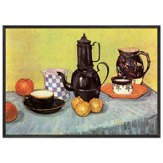 Still Life with Blue Enamel Coffeepot Earthenware and Fruit - Vincent van Gogh 70x100 cm / 28x40 inches Framed Art Print – Black Wooden Frame