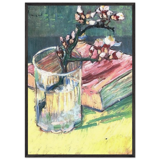 Blossoming Almond Branch in a Glass with a Book - Vincent van Gogh 70x100 cm / 28x40 inches Framed Art Print – Black Wooden Frame