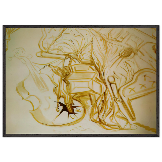 BED AND BEDSIDE TABLE FEROCIOUSLY ATTACKING A CELLO - Salvador Dali 70x100 cm / 28x40 inches Framed Art Print – Black Wooden Frame