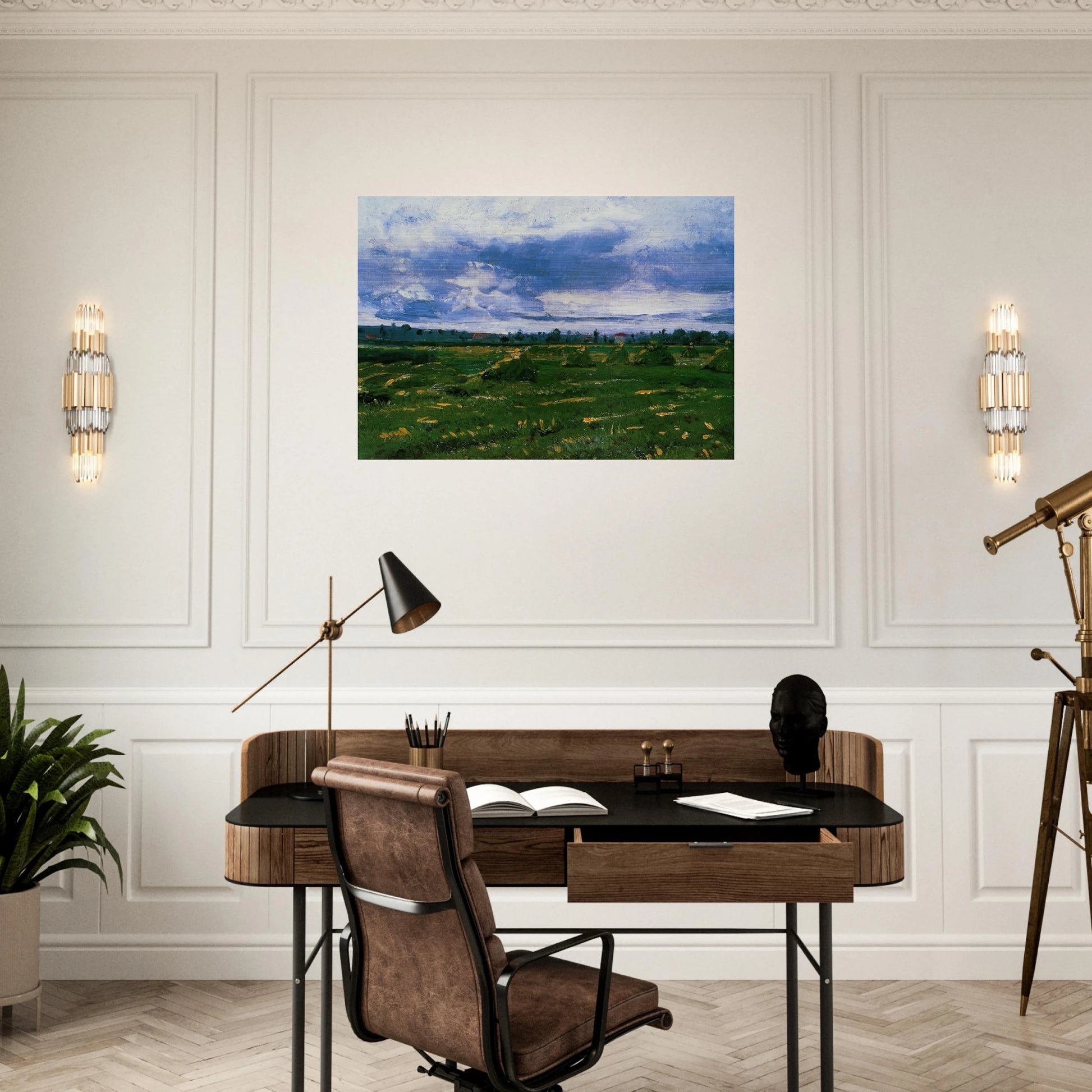 Wheat Fields with Stacks - Vincent van Gogh Brushed Aluminum Print - 70x100 cm / 28x40 inches | Vincent van Gogh Aluminum Print | Vincent van Gogh Prints