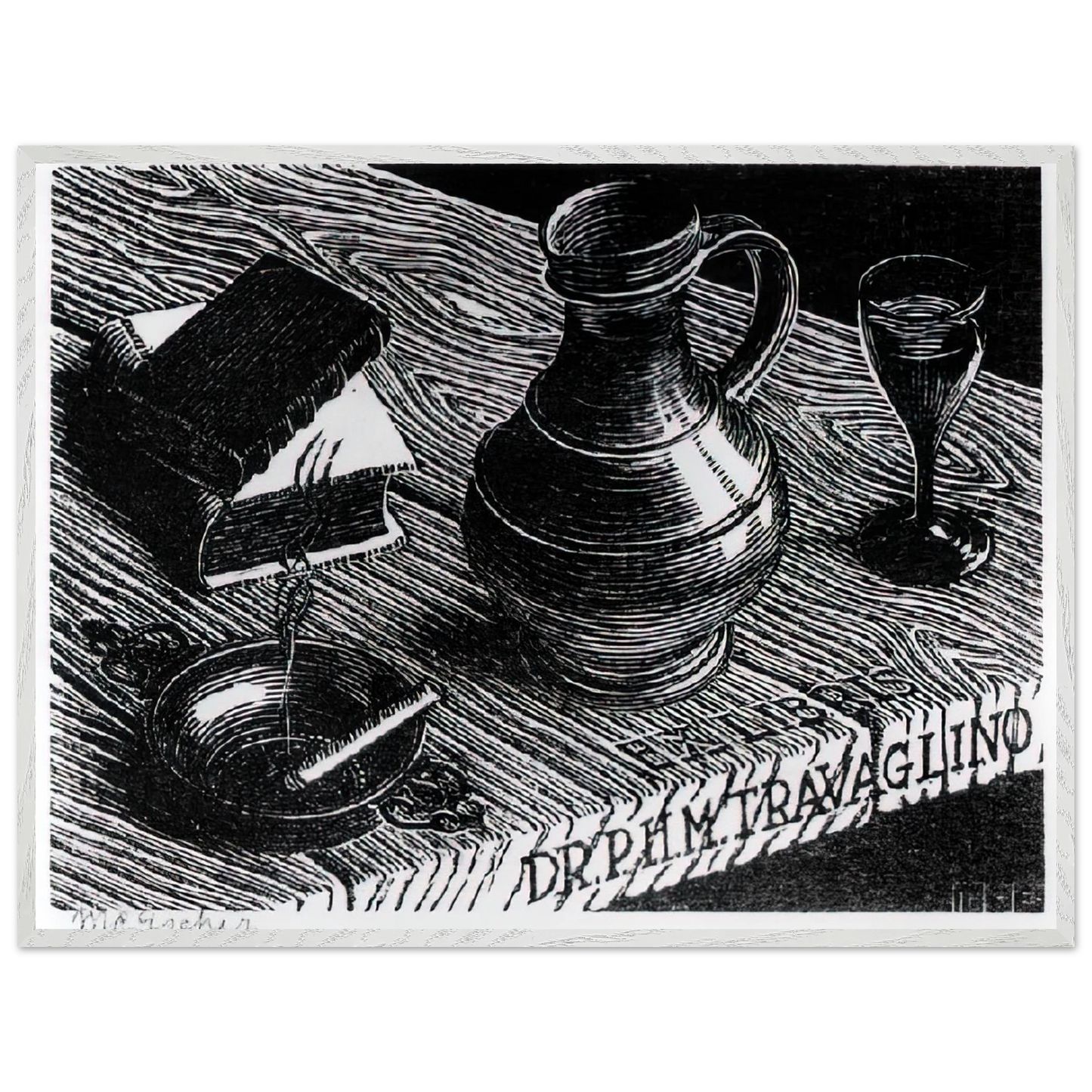 MC Escher - BOOKPLATE DR P H M TRAVAGLINO Wall Art - 30x40 cm / 12x16 inches - Premium Wooden Framed Poster With Fine Art Paper-canvas - White frame