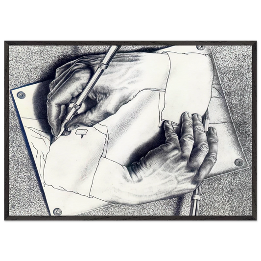 DRAWING HANDS - MC Escher 70x100 cm / 28x40 inches Framed Art Print – Black Wooden Frame | Maurits Cornelis Escher Prints
