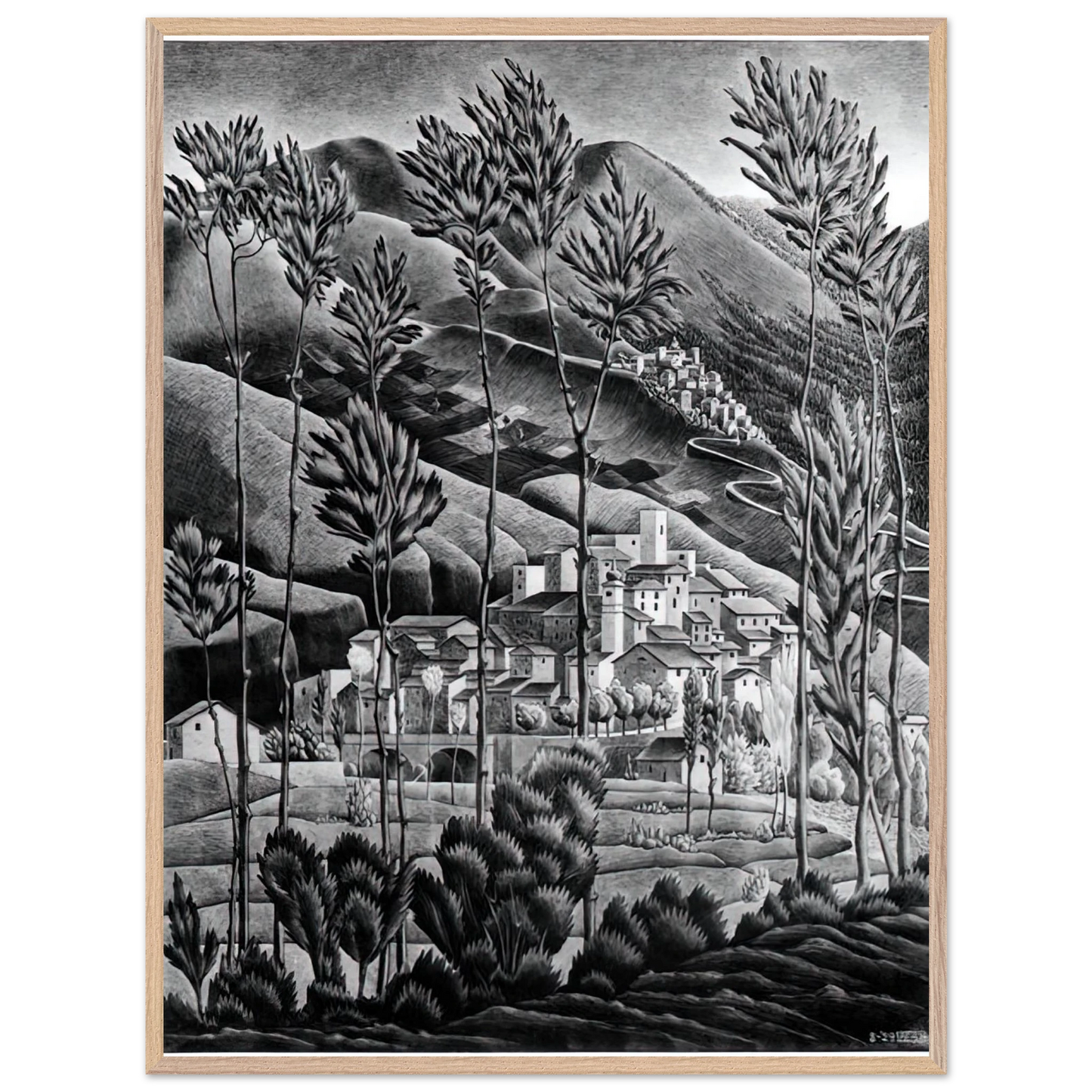 MC Escher - ALFEDENA ABRUZZI Wall Art - 21x29.7 cm / 8x12" - Premium Wooden Framed Poster With Fine Art Paper - Black frame