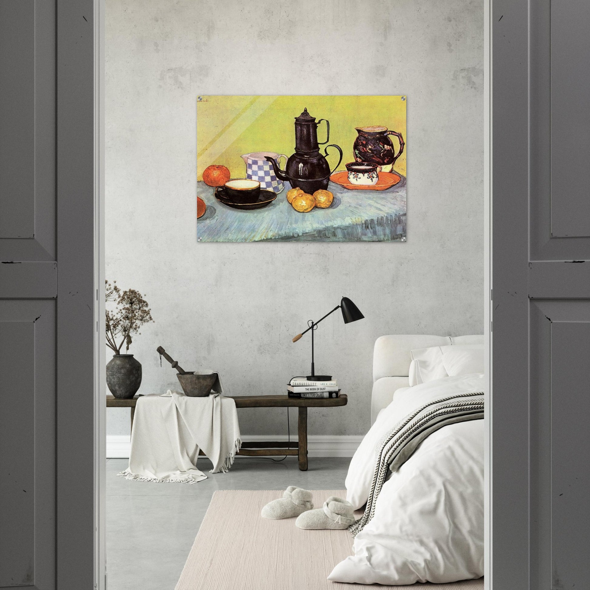 Still Life with Blue Enamel Coffeepot, Earthenware and Fruit - Vincent van Gogh Acrylic Print - 70x100 cm / 28x40″ inches | Vincent van Gogh Wall Art | Vincent van Gogh Prints
