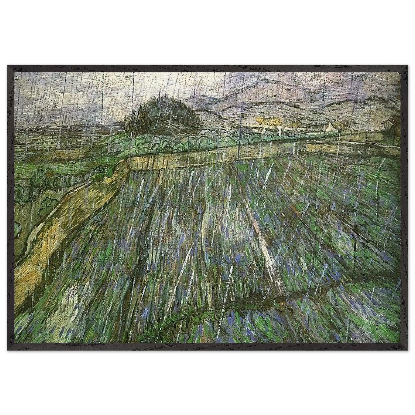 Wheat Field in Rain - Vincent van Gogh 70x100 cm / 28x40 inches Framed Art Print – Black Wooden Frame