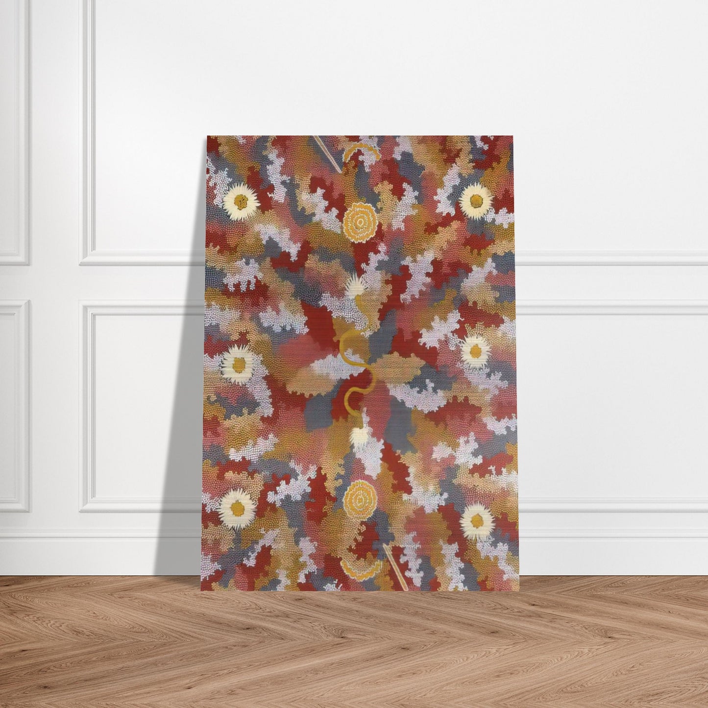 Men's Corroborie - 1990 - Clifford Possum Tjapaltjarri Brushed Aluminum Print - 70x100 cm / 28x40 inches | Clifford Possum Tjapaltjarri Aluminum Print | Clifford Possum Tjapaltjarri Prints
