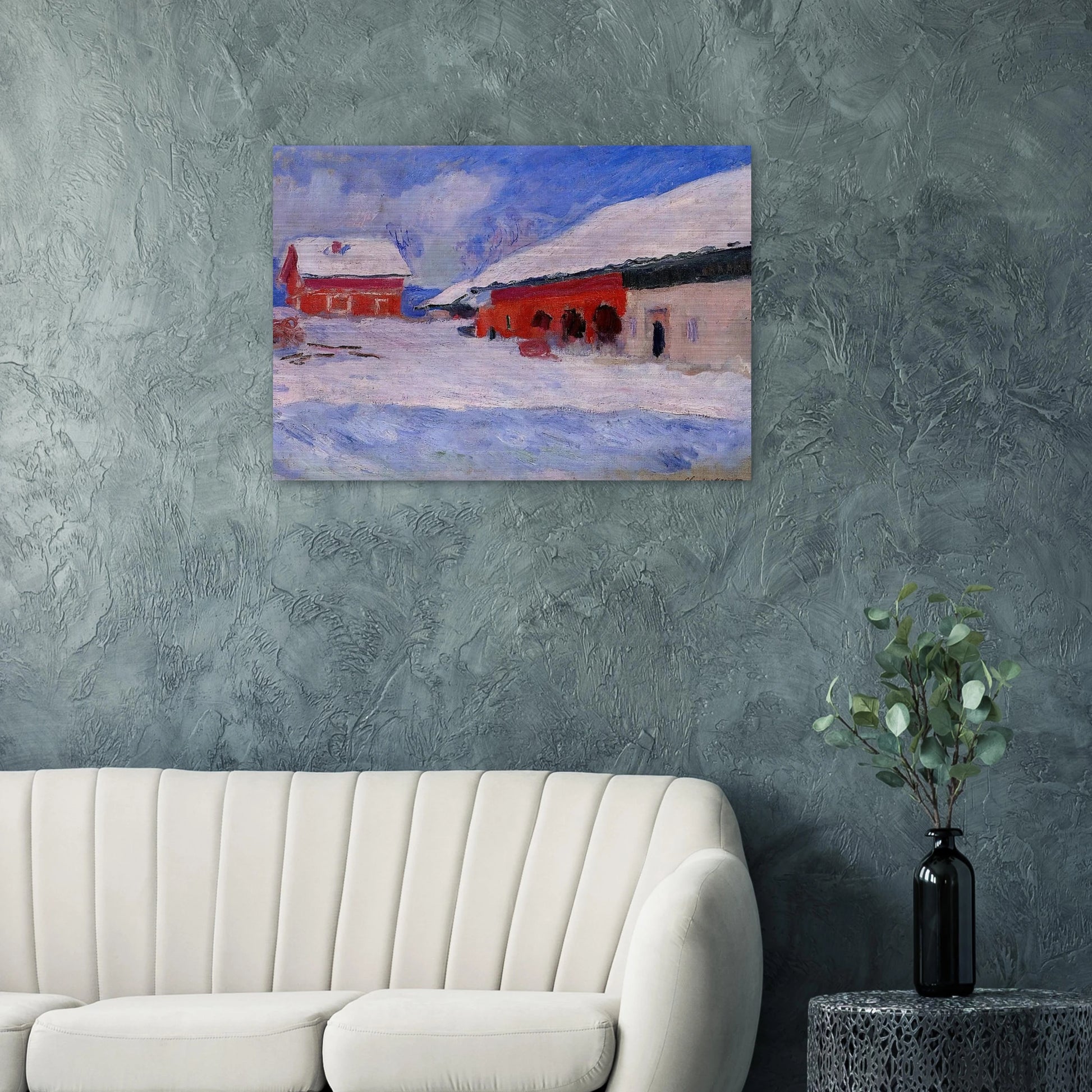 Red Houses at Bjornegaard in the Snow, Norway - claude monet Brushed Aluminum Print - 70x100 cm / 28x40 inches | claude monet Aluminum Print | claude monet Prints