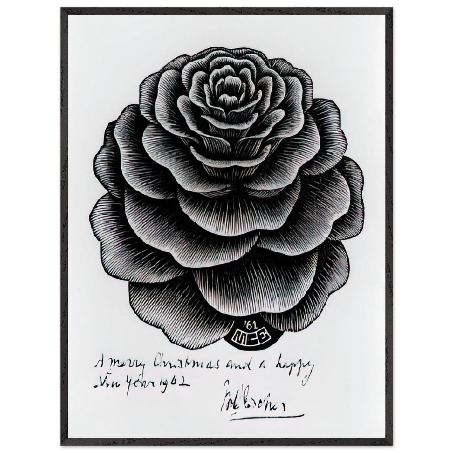 MC Escher - MERRY CHRISTMAS HAPPY NEW YEAR Wall Art - 30x40 cm / 12x16 inches - Premium Wooden Framed Poster With Fine Art Paper - Black frame