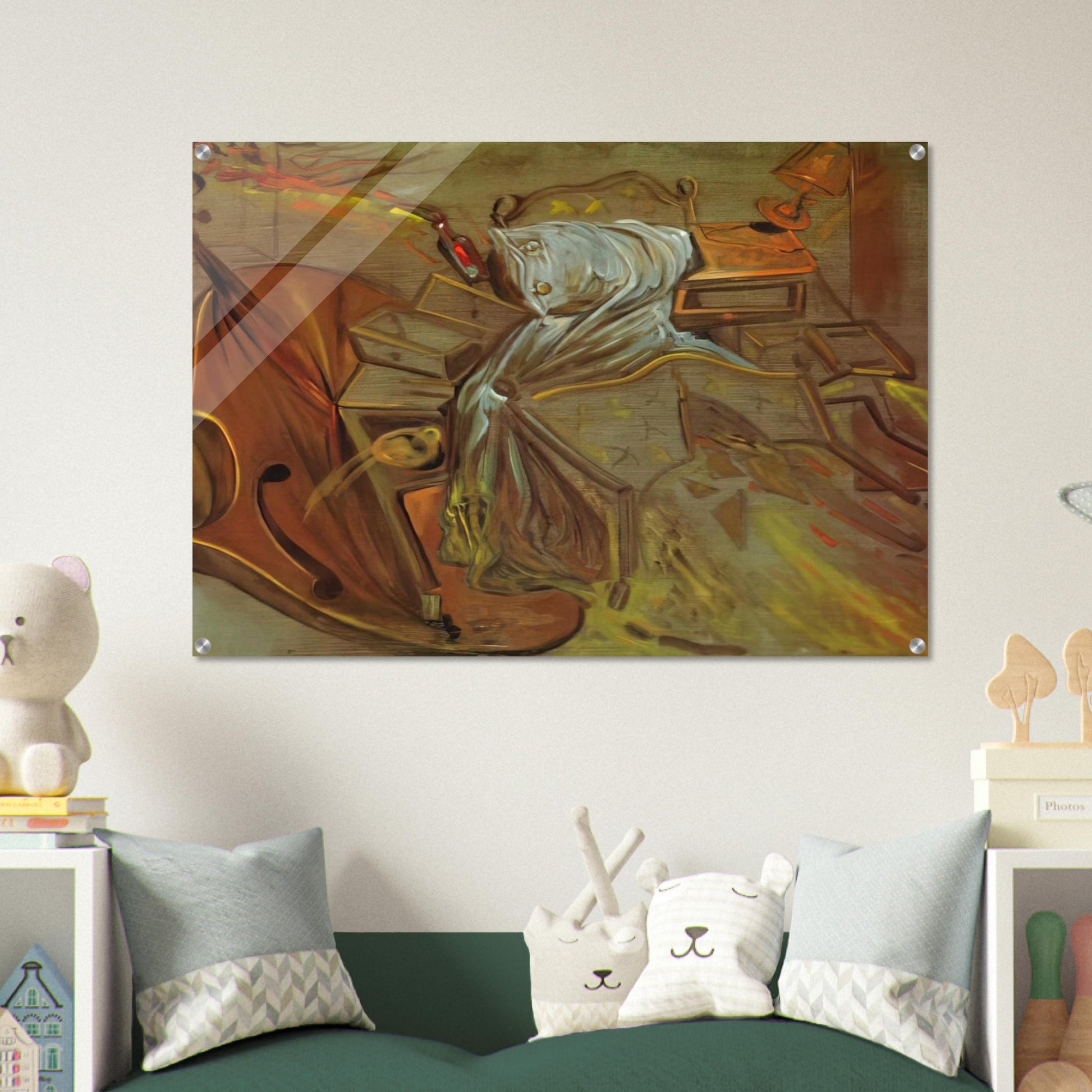 BED AND TWO BEDSIDE TABLES FEROCIOUSLY ATTACKING A CELLO - Salvador Dali Acrylic Print - 70x100 cm / 28x40″ inches