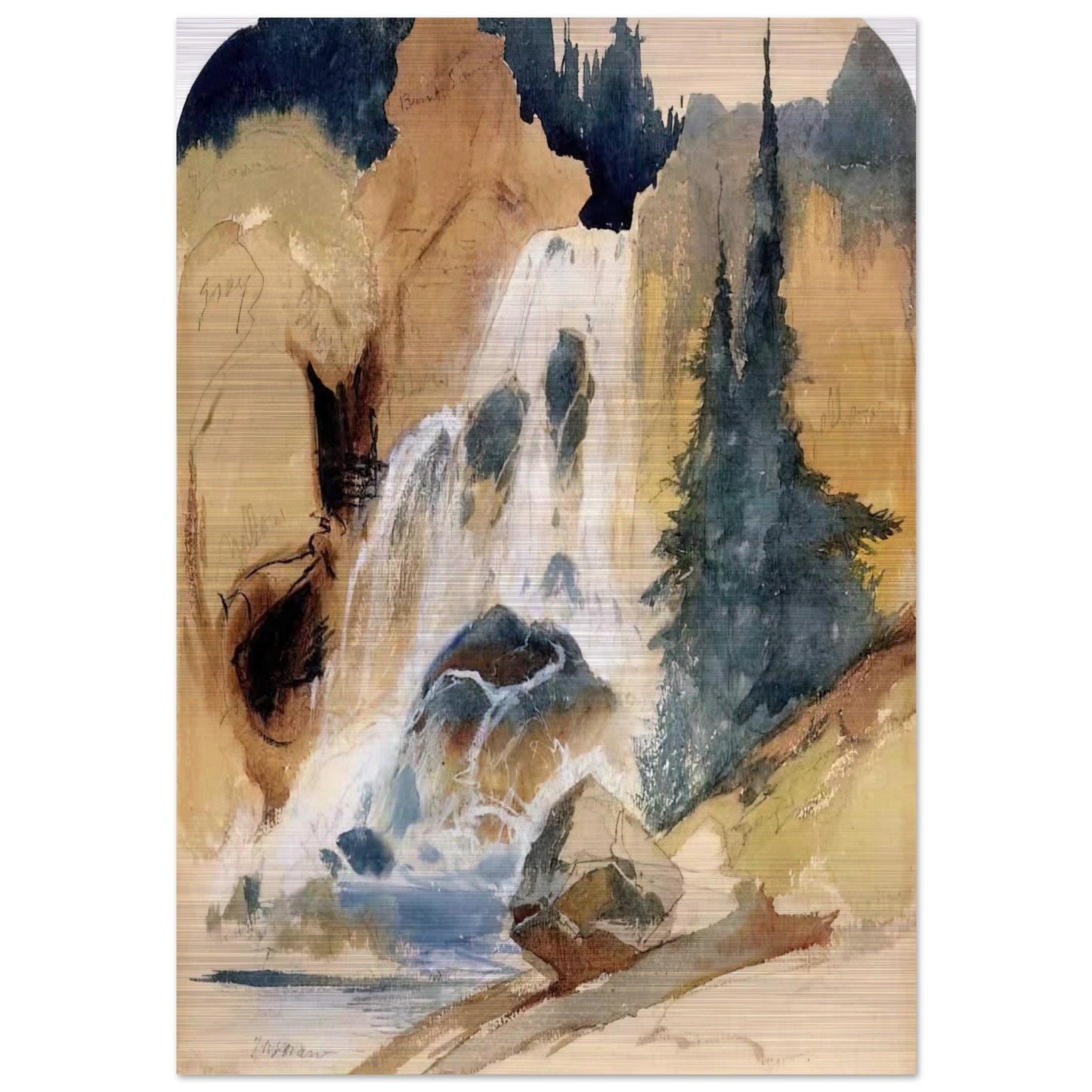 Crystal Falls watercolour - Thomas Moran Brushed Aluminum Print - 70x100 cm / 28x40 inches | Thomas Moran Aluminum Print | Thomas Moran Prints