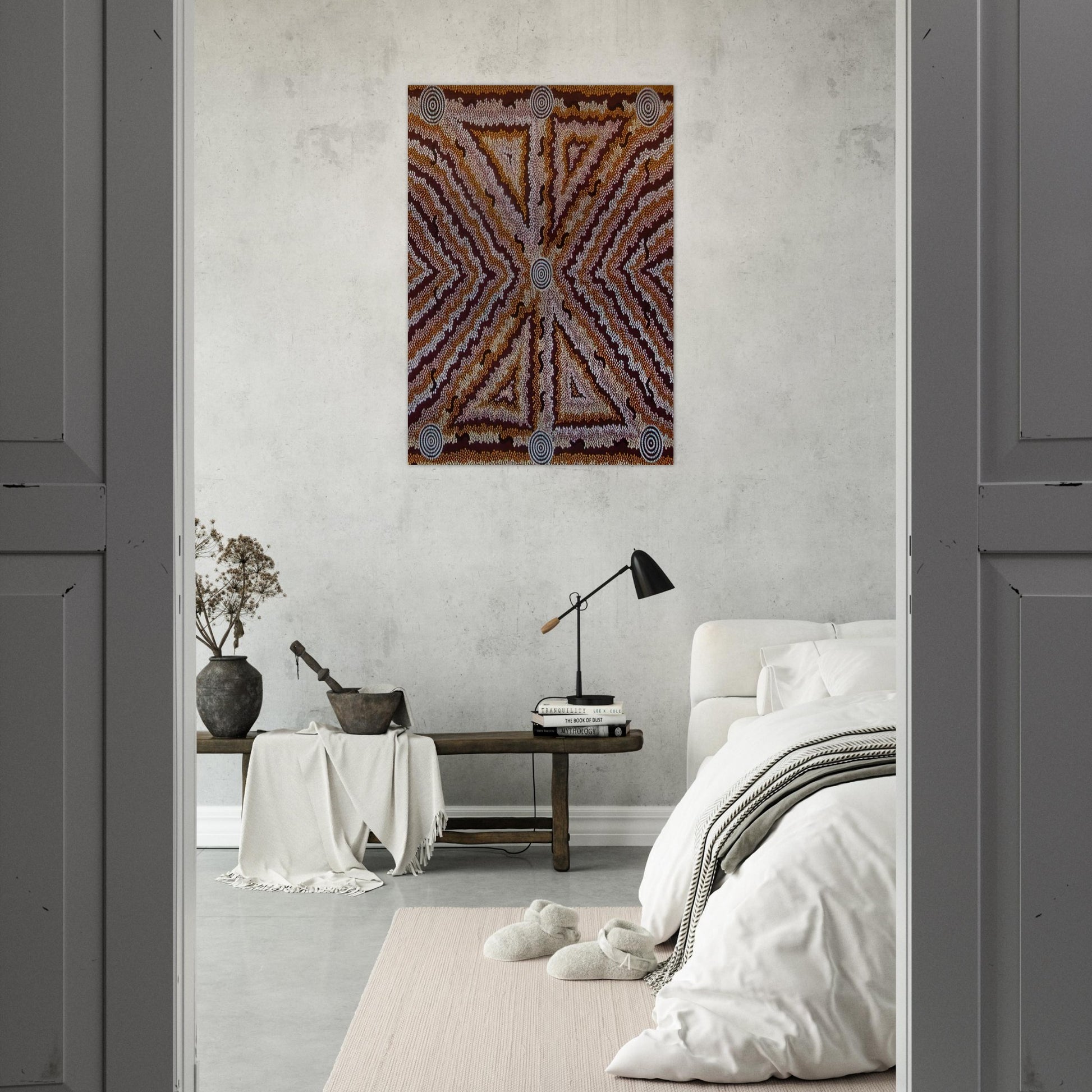 Witchetty Grub Dreaming - 1983 - Clifford Possum Tjapaltjarri Brushed Aluminum Print - 70x100 cm / 28x40 inches | Clifford Possum Tjapaltjarri Aluminum Print | Clifford Possum Tjapaltjarri Prints