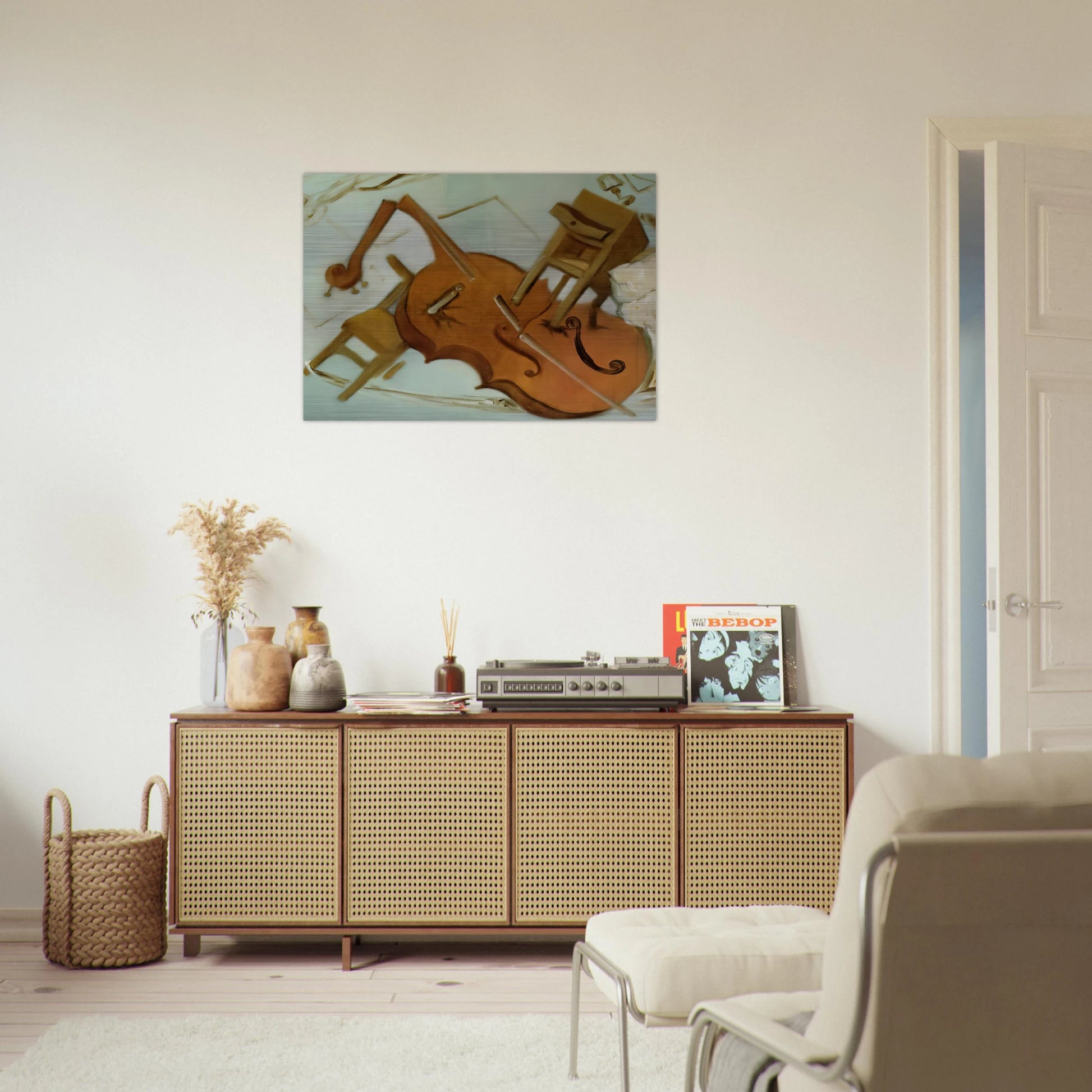 BED CHAIR AND BEDSIDE TABLE FEROCIOUSLY ATTACKING A CELLO - Salvador Dali Brushed Aluminum Print - 70x100 cm / 28x40 inches | Salvador Dali Aluminum Print | Salvador Dali Prints