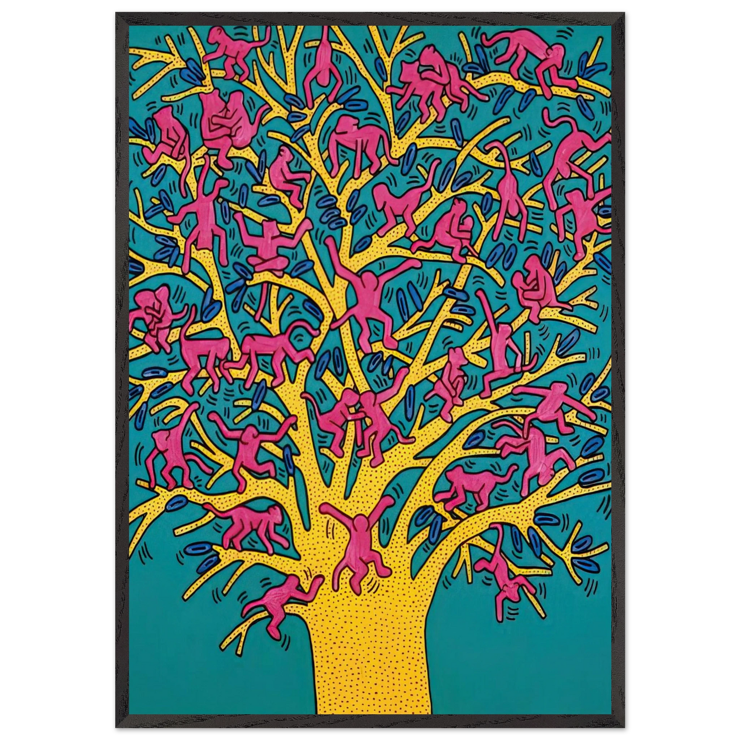 THE TREE OF MONKEYS N2 - Keith Haring 70x100 cm / 28x40 inches Framed Art Print – Black Wooden Frame