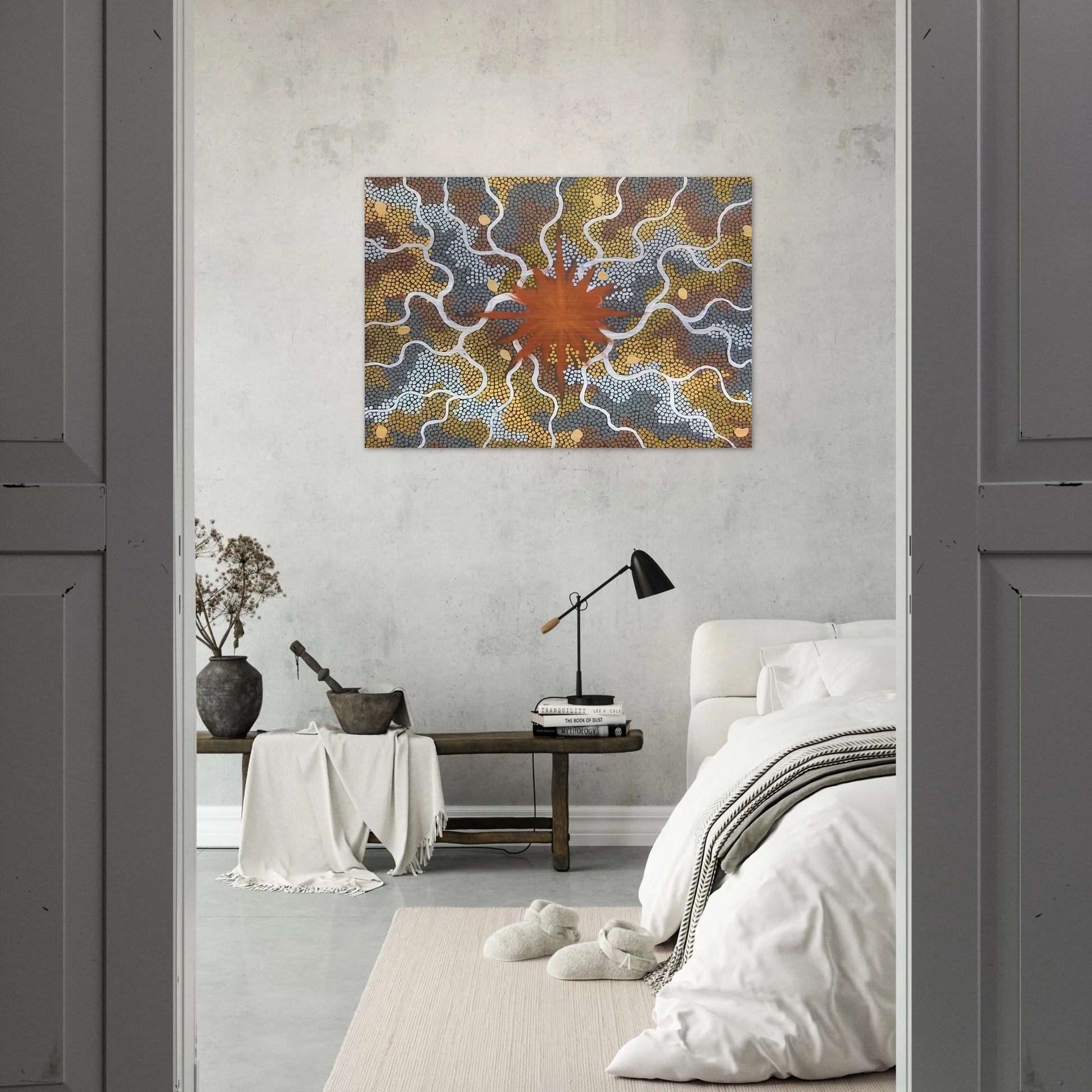 Creation, Lightning Dreaming - 1993 - Clifford Possum Tjapaltjarri Brushed Aluminum Print - 70x100 cm / 28x40 inches | Clifford Possum Tjapaltjarri Aluminum Print | Clifford Possum Tjapaltjarri Prints