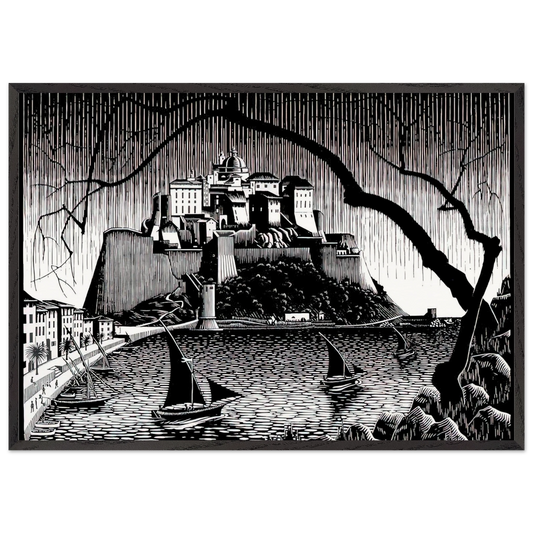 CITADEL OF CALVI CORSICA - MC Escher 70x100 cm / 28x40 inches Framed Art Print – Black Wooden Frame | Maurits Cornelis Escher Prints