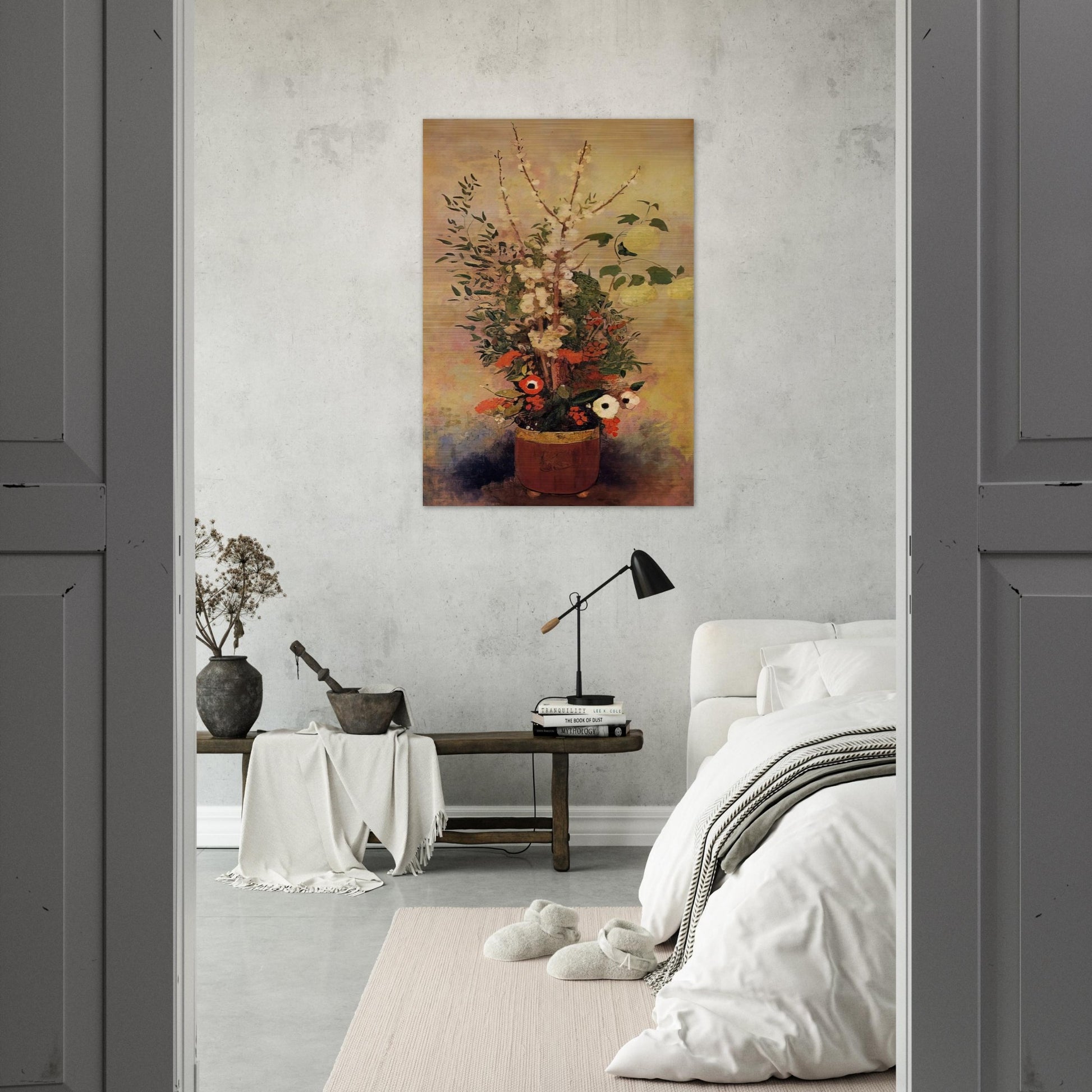 VASE OF FLOWERS WITH BRANCHES OF A FLOWERING APPLE TREE - Odilon Redon Brushed Aluminum Print - 70x100 cm / 28x40 inches | Odilon Redon Aluminum Print | Odilon Redon Prints