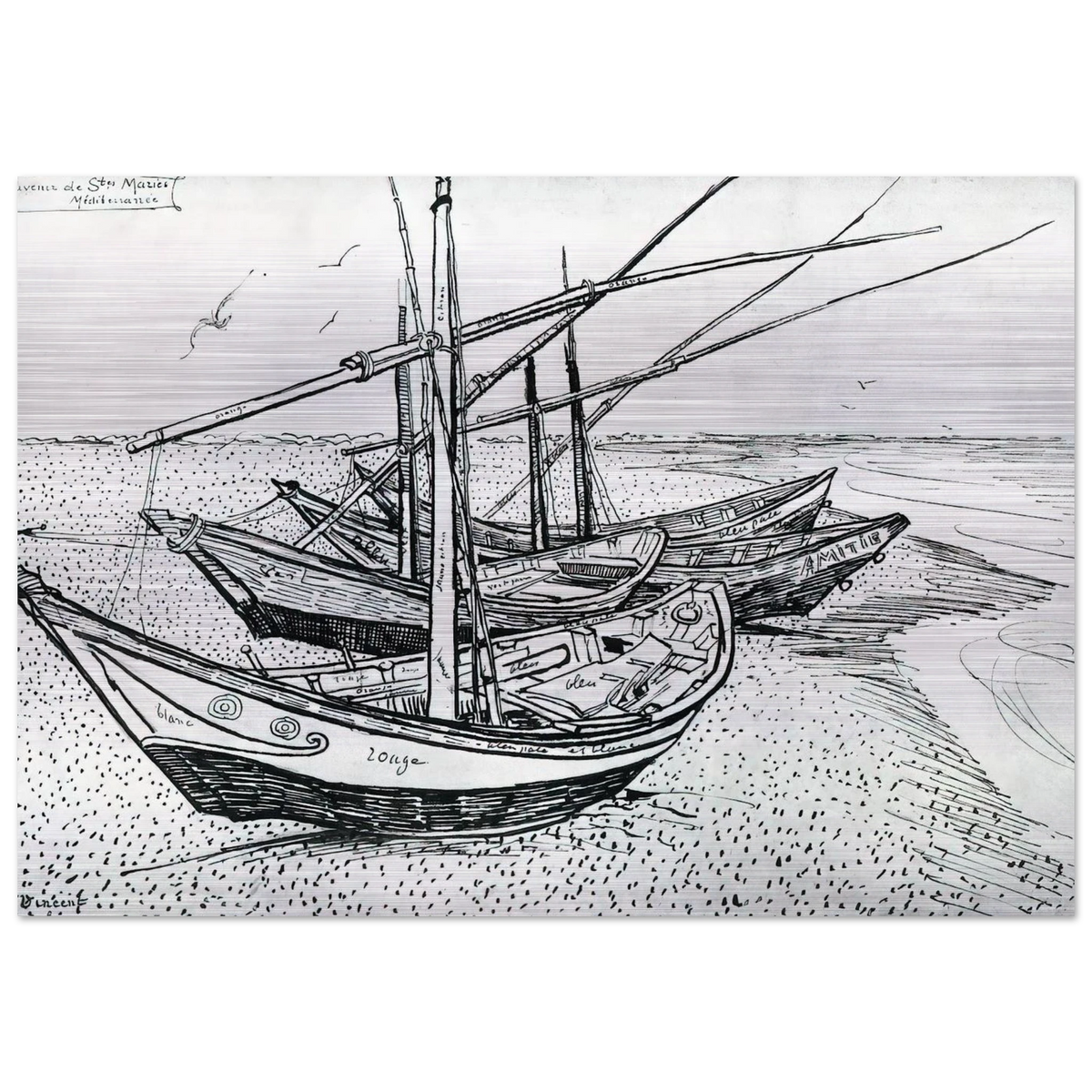 Fishing boats on the Beach at Les Saintes-Maries-de-la-Mer - Vincent van Gogh Brushed Aluminum Print - 70x100 cm / 28x40 inches | Vincent van Gogh Aluminum Print | Vincent van Gogh Prints