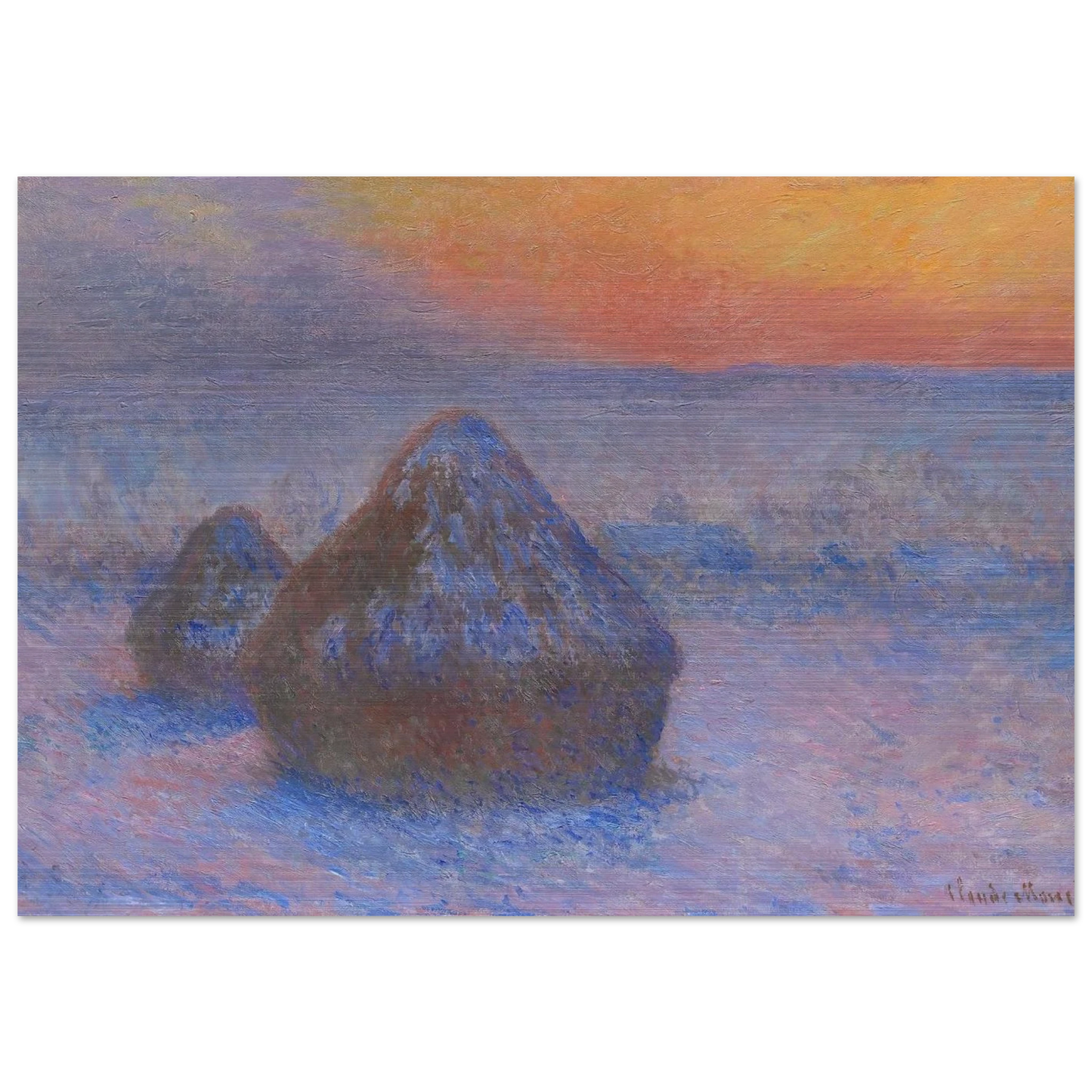 Stacks of Wheat Sunset, Snow Effect - claude monet Brushed Aluminum Print - 70x100 cm / 28x40 inches | claude monet Aluminum Print | claude monet Prints