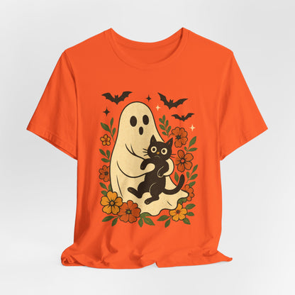 Gruseliger Geist mit schwarzer Katze, tolles Blumenmuster für Halloween