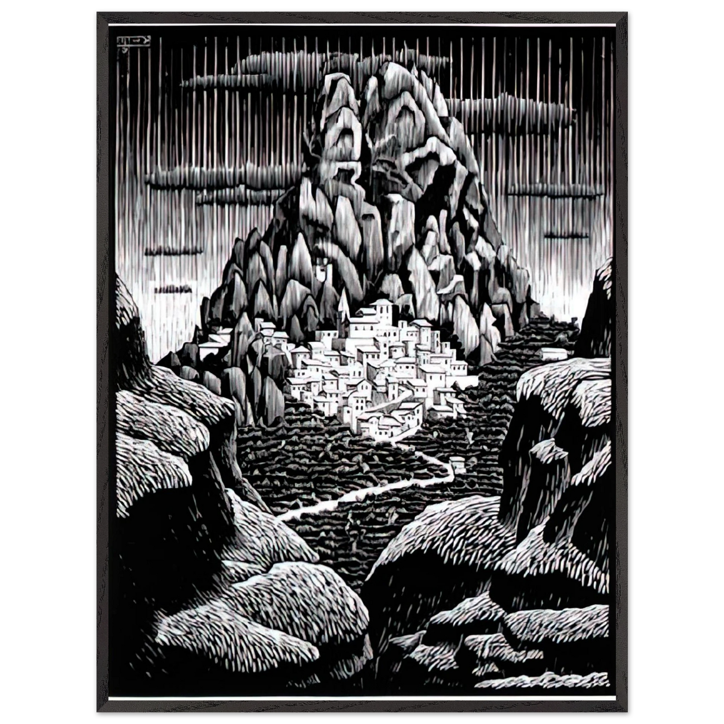 MC Escher - PENTEDATTIO CALABRIA JANUARY 1930 1930 Wall Art - 21x29.7 cm / 8x12" - Premium Wooden Framed Poster With Fine Art Paper-canvas - Black frame