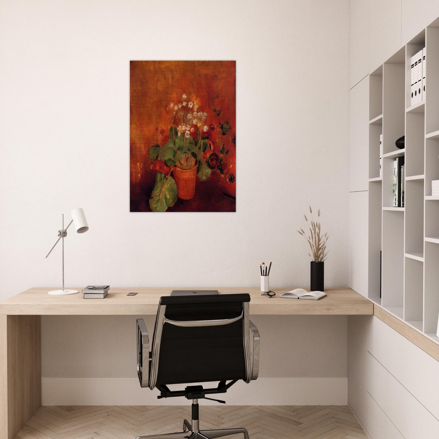 FLOWERS IN A POT ON A RED BACKGROUND - Odilon Redon Brushed Aluminum Print - 70x100 cm / 28x40 inches | Odilon Redon Aluminum Print | Odilon Redon Prints