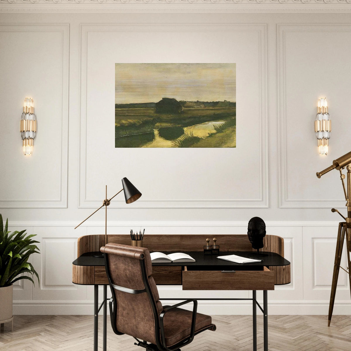 Landscape with a Stack of Peat and Farmhouses - Vincent van Gogh Brushed Aluminum Print - 70x100 cm / 28x40 inches | Vincent van Gogh Aluminum Print | Vincent van Gogh Prints