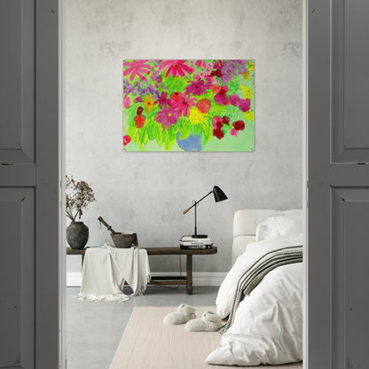 Blue Vase, Many Flowers - Naïve Art Primitivism, Pop Art - Walasse Ting Acrylic Print - 70x100 cm / 28x40″ inches
