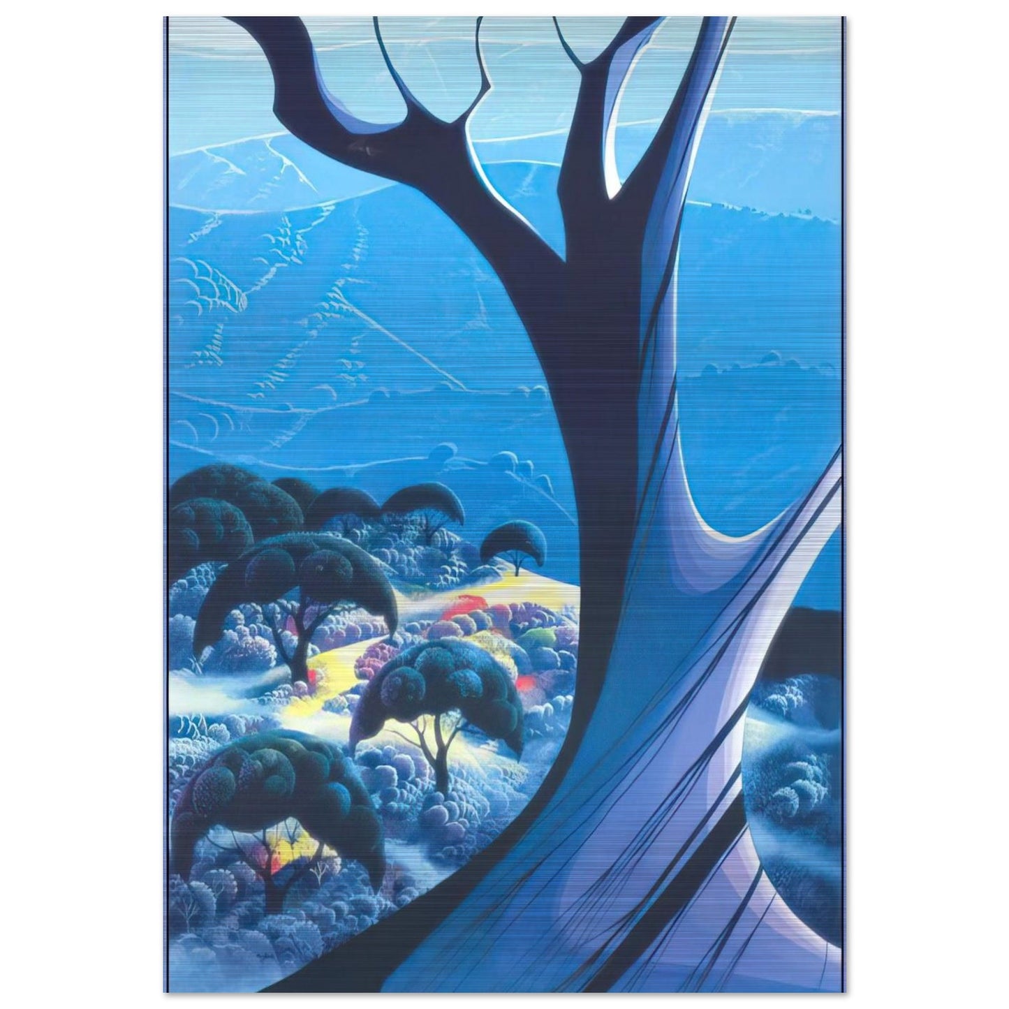 Purple Treeand Mountains - Eyvind Earle Brushed Aluminum Print - 70x100 cm / 28x40 inches | Eyvind Earle Aluminum Print | Eyvind Earle Prints