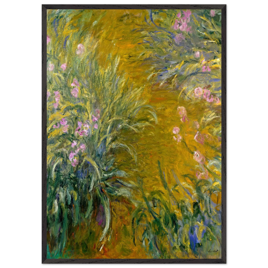 Path through the Irises 01 - claude monet 70x100 cm / 28x40 inches Framed Art Print – Black Wooden Frame