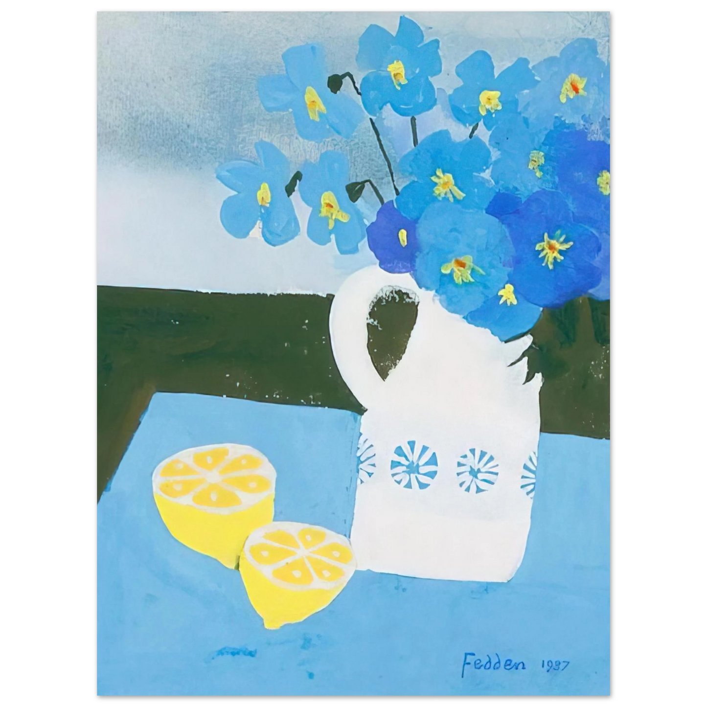 Mary Fedden - Flowers in a vase with lemon - 1987  75x100 cm / 30x40inches Fine Art Poster