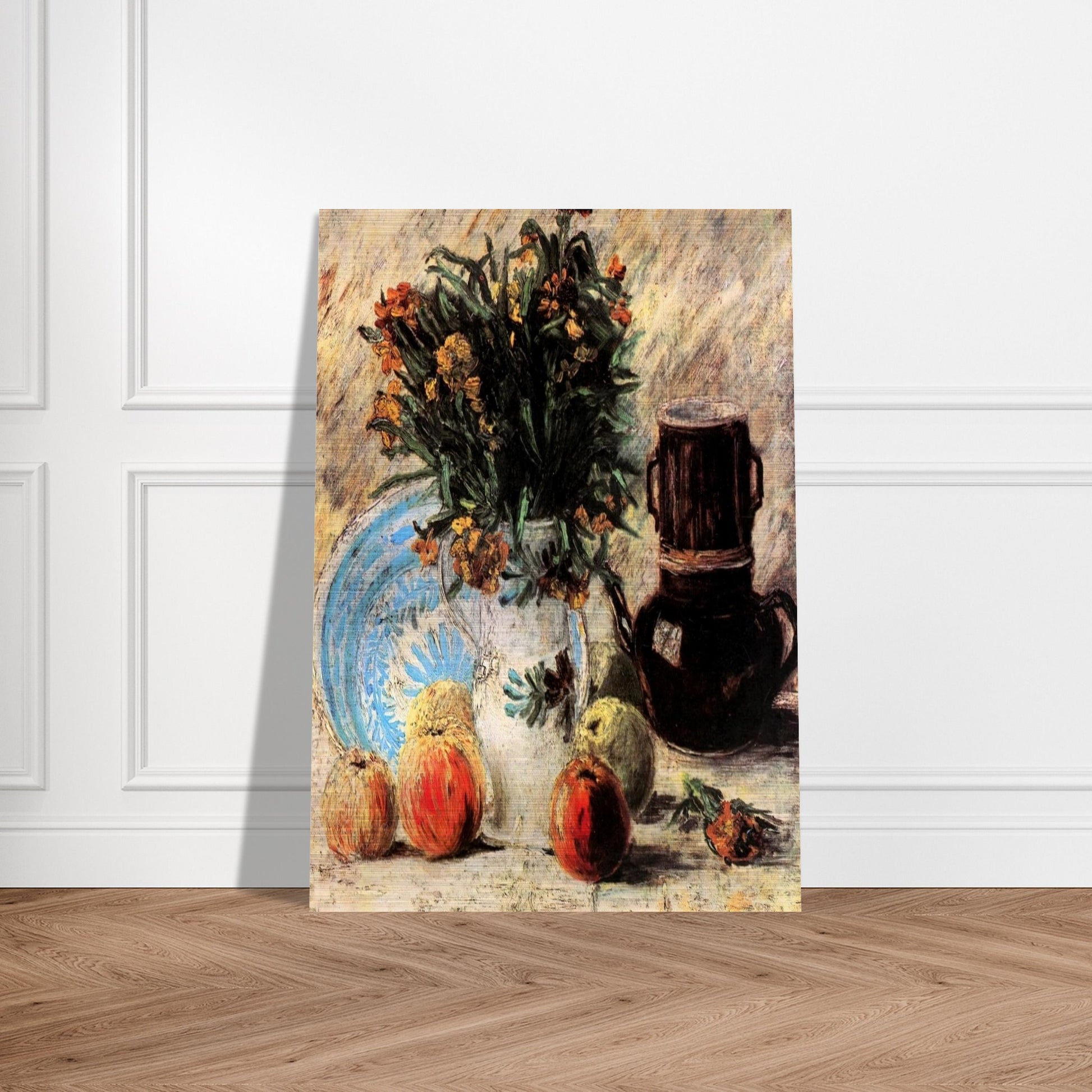 Vase with Flowers, Coffeepot and Fruit - Vincent van Gogh Brushed Aluminum Print - 70x100 cm / 28x40 inches | Vincent van Gogh Aluminum Print | Vincent van Gogh Prints