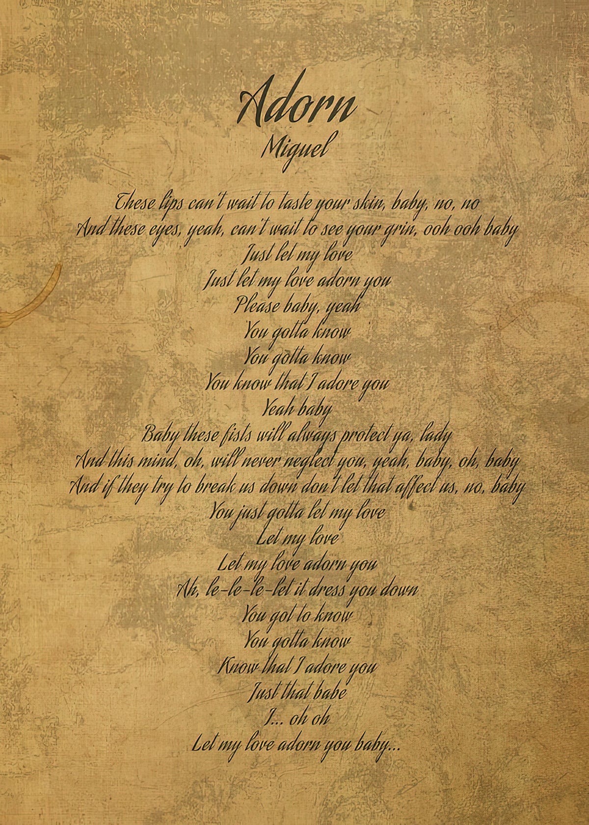 Adorn by Miguel Song Lyrics Art Print | Vintage Parchment Style | RedKalion