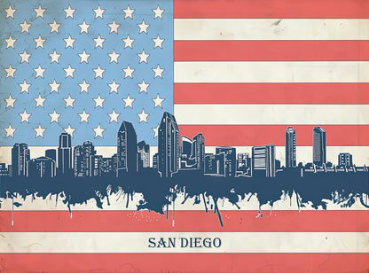 American Flag San Diego Skyline Art Print | RedKalion