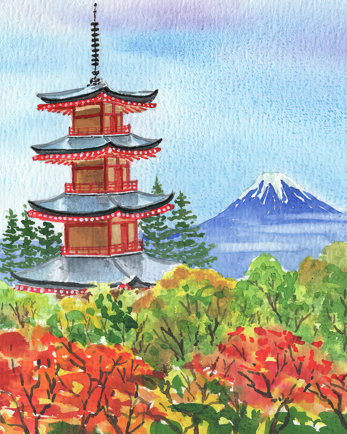 Japanese Pagoda Waterwatercolour Art Print | RedKalion
