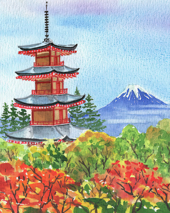 Japanese Pagoda Waterwatercolour Art Print | RedKalion
