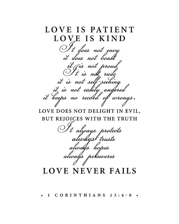 Love Never Fails Bible Verse Art Print | 1 Corinthians 13:4-8 | RedKalion