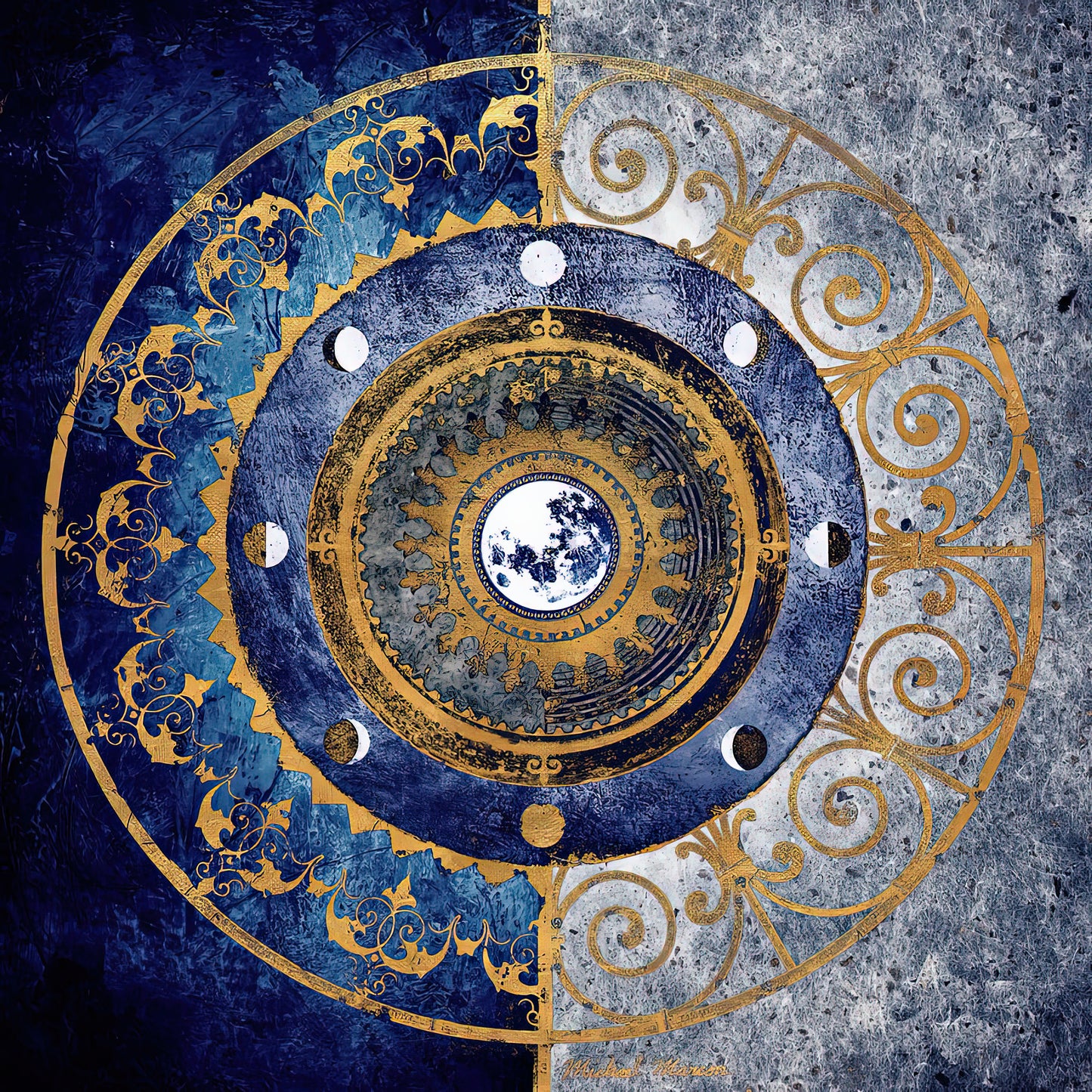 Moon Dial Art Print: Gold & Sapphire Celestial Design | RedKalion