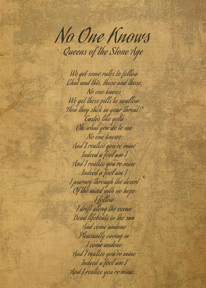 No One Knows by Queens of the Stone Age Lyrics Art Print | RedKalion