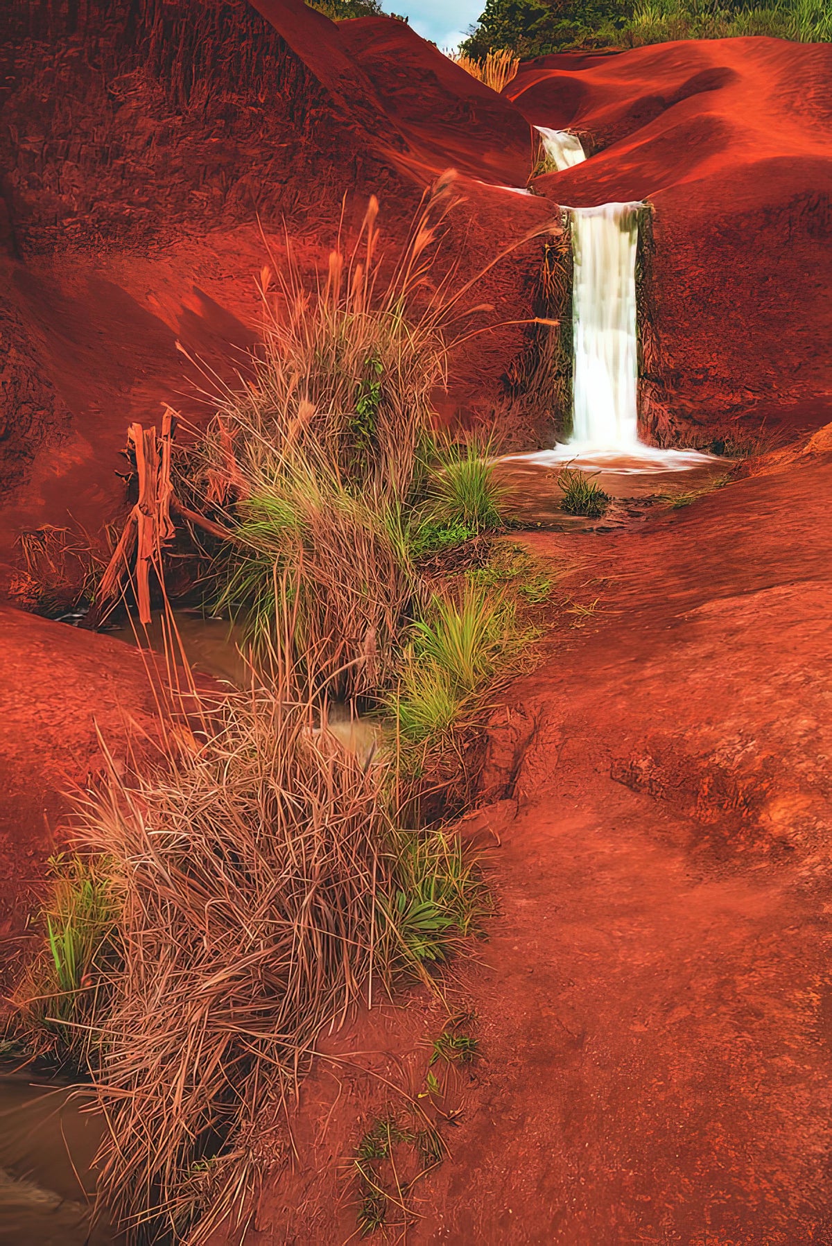 Red Dirt Waterfall Art Print | Kauai, Hawaii Vertical Landscape | RedKalion