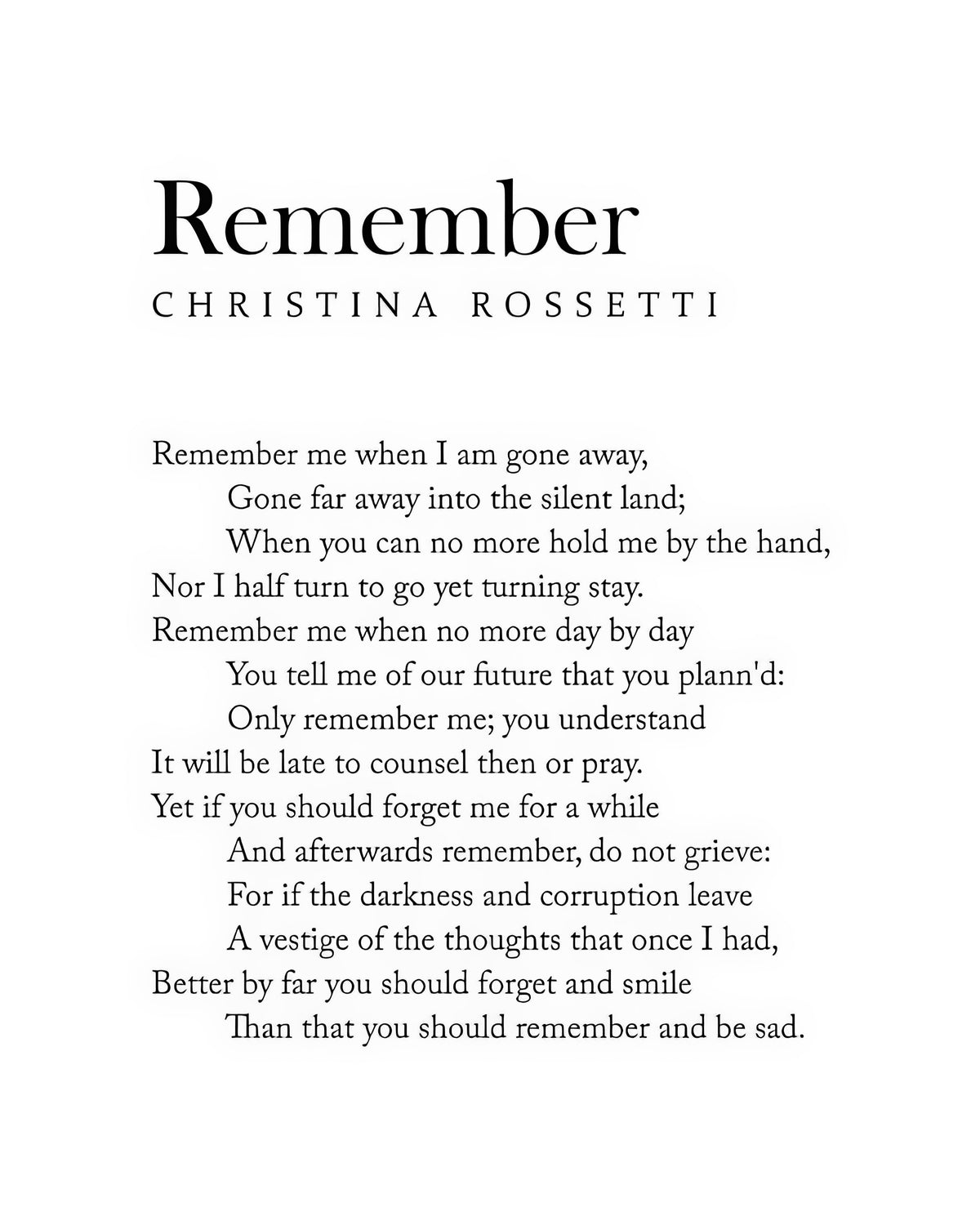 Remember Poem Art Print | Christina Rossetti Literature Typography | RedKalion