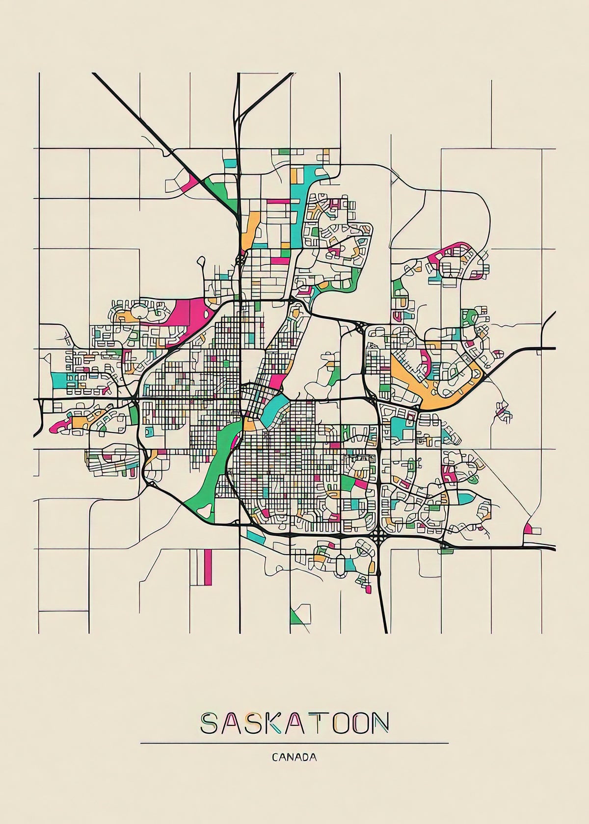 Saskatoon, Canada Map Art Print | Premium Cartographic Wall Art | RedKalion